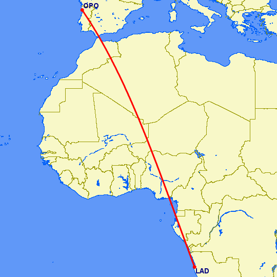 перелет Луанда — Порту на карте