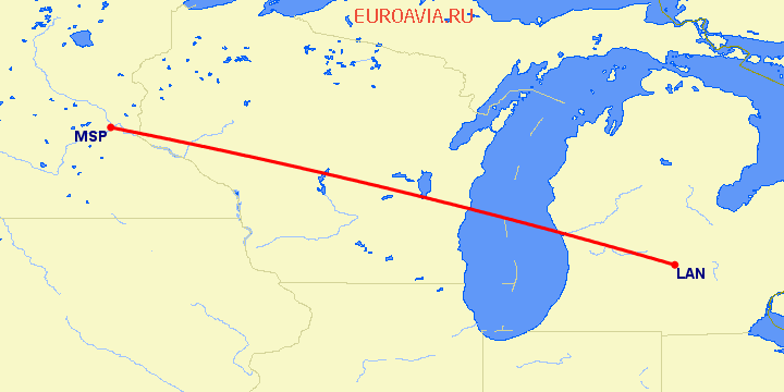 перелет Лансинг — Миннеаполис на карте