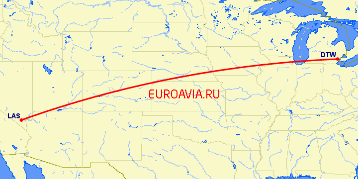 перелет Лас Вегас — Детройт на карте