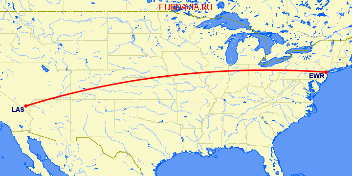 перелет Лас Вегас — Ньюарк на карте