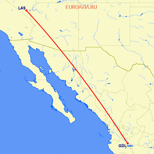 перелет Лас Вегас — Гуадалахара на карте