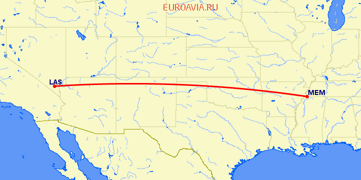 перелет Лас Вегас — Мемфис на карте
