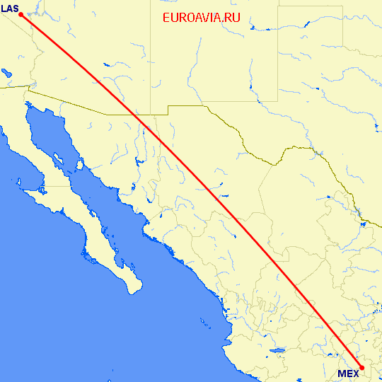 перелет Лас Вегас — Мексико Сити на карте