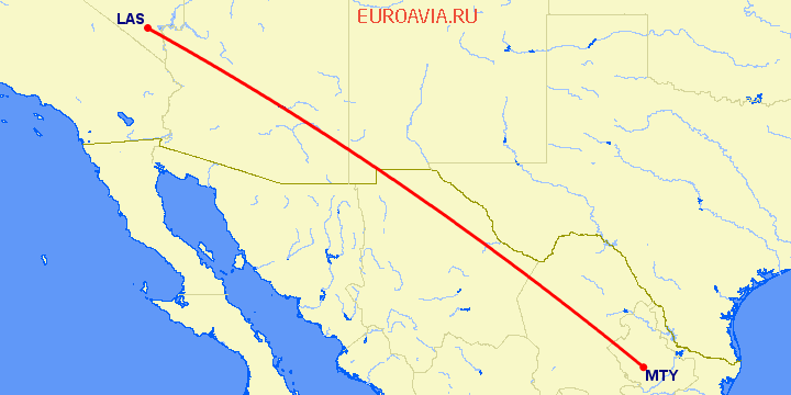 перелет Лас Вегас — Монтеррей на карте