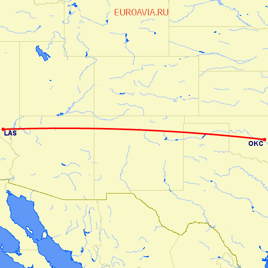 перелет Лас Вегас — Оклахома Сити на карте