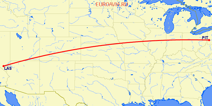 перелет Лас Вегас — Питтсбург на карте