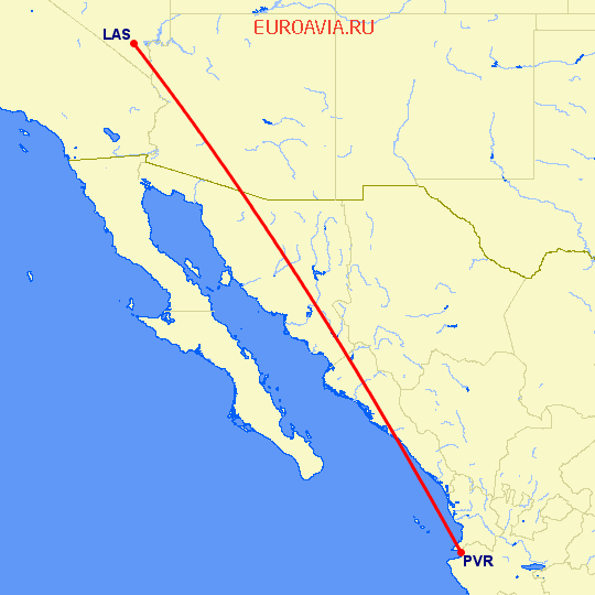перелет Лас Вегас — Пуэрто Ваярта на карте