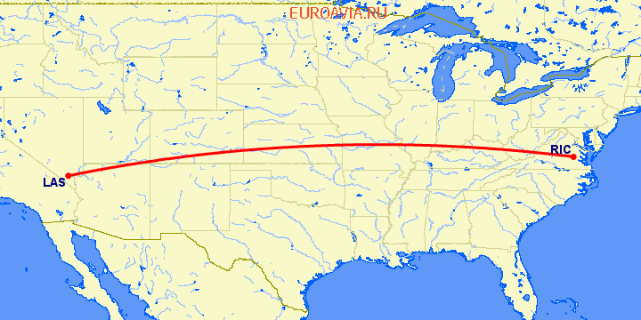 перелет Лас Вегас — Ричмонд на карте