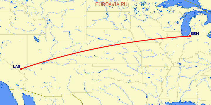перелет Лас Вегас — South Bend на карте