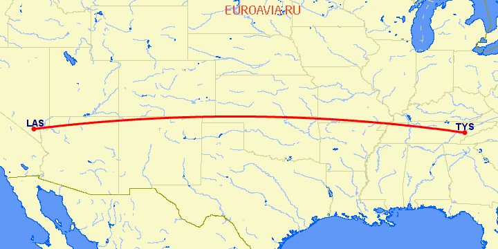 перелет Лас Вегас — Ноксвилл на карте
