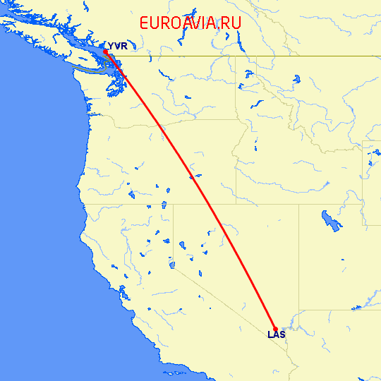 перелет Лас Вегас — Ванкувер на карте