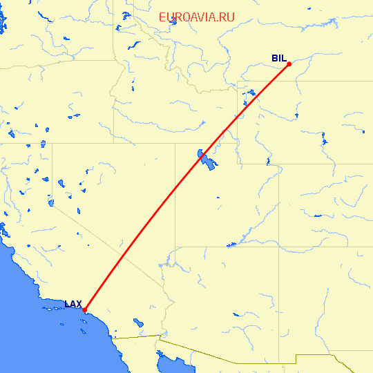 перелет Лос Анджелес — Биллингс на карте