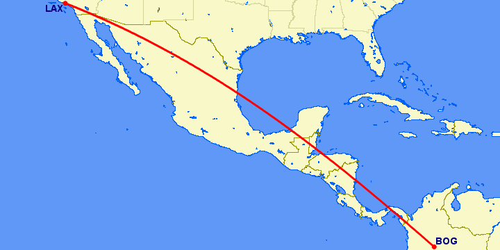 перелет Лос Анджелес — Богота на карте