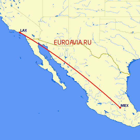 перелет Лос Анджелес — Мексико Сити на карте