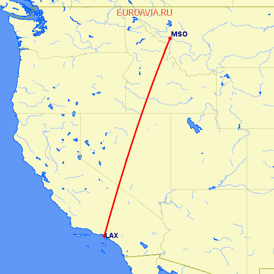 перелет Лос Анджелес — Миссула на карте