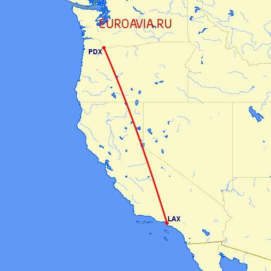 перелет Лос Анджелес — Портленд на карте