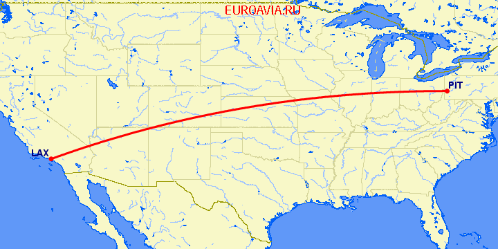 перелет Лос Анджелес — Питтсбург на карте