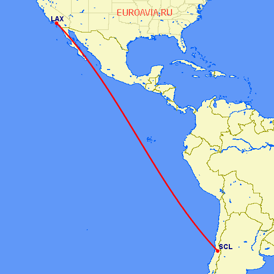 перелет Лос Анджелес — Сантьяго на карте