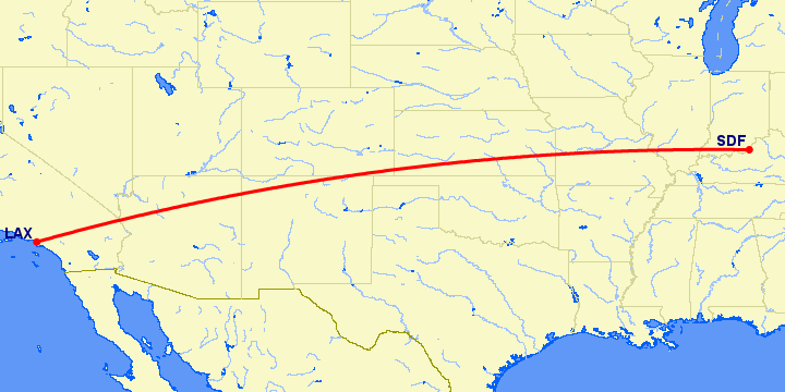 перелет Лос Анджелес — Луисвилл на карте