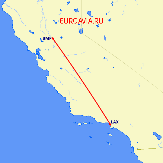 перелет Лос Анджелес — Сакраменто на карте