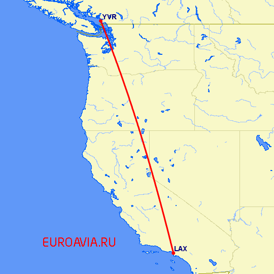 перелет Лос Анджелес — Ванкувер на карте