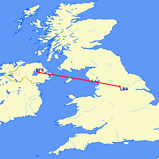 перелет Лидс — Белфаст на карте