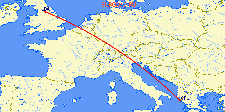 перелет Лидс — Керкира на карте