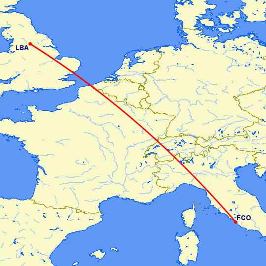 перелет Лидс — Рим на карте