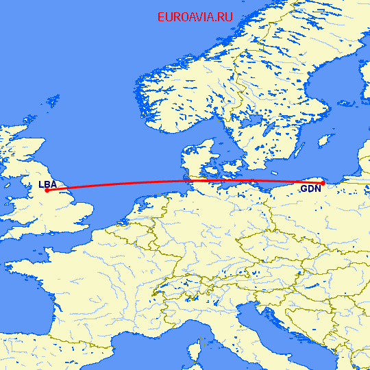 перелет Лидс — Гданьск на карте