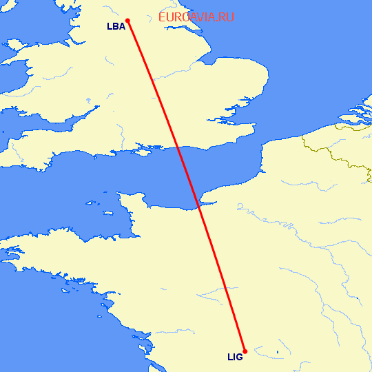 перелет Лидс — Лимож на карте