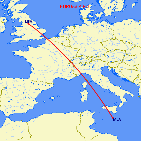 перелет Лидс — Мальта на карте