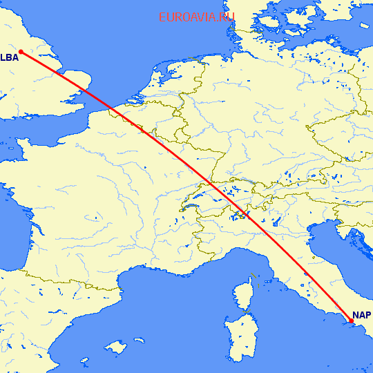 перелет Лидс — Неаполь на карте