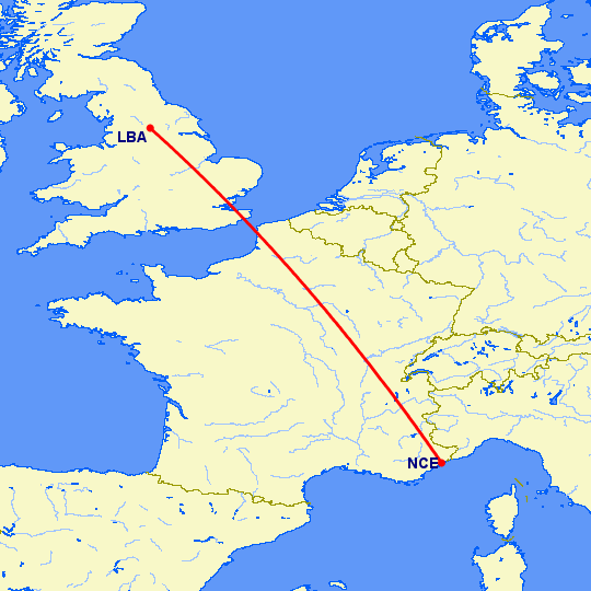 перелет Лидс — Ницца на карте