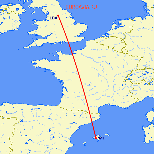 перелет Лидс — Пальма де Майорка на карте
