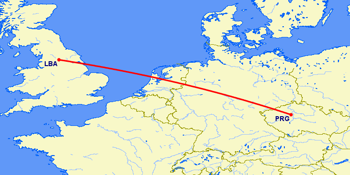 перелет Лидс — Прага на карте