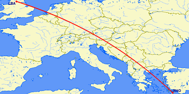 перелет Лидс — Родос на карте