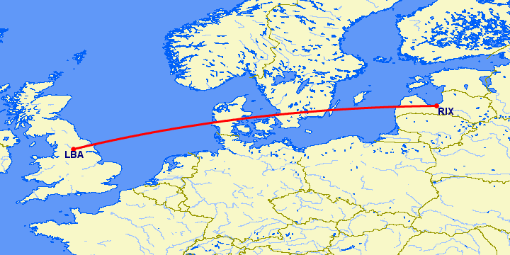 перелет Лидс — Рига на карте