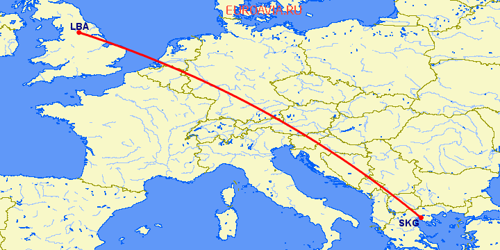 перелет Лидс — Салоники на карте