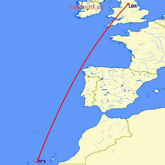 перелет Лидс — Тенерифе на карте