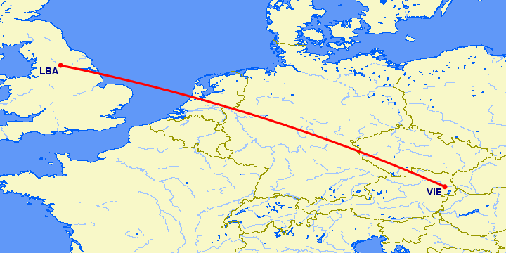 перелет Лидс — Вена на карте
