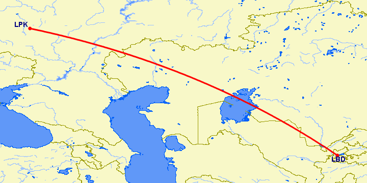 перелет Худжанд — Липецк на карте