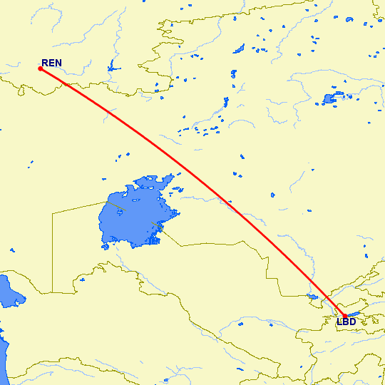 перелет Худжанд — Оренбург на карте