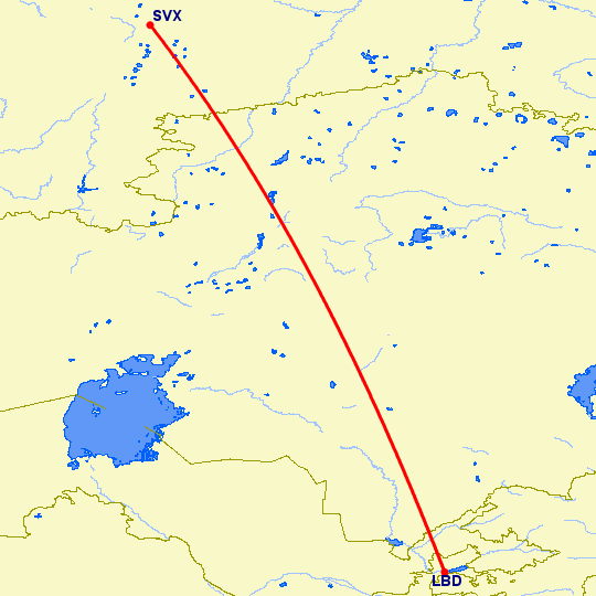 перелет Худжанд — Екатеринбург на карте