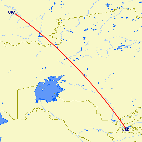 перелет Худжанд — Уфа на карте