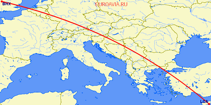 перелет Ларнака — Бирмингем на карте
