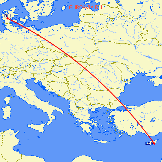 перелет Ларнака — Биллунд на карте