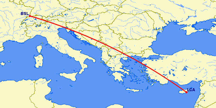 перелет Ларнака — Базель-Мюлуз на карте