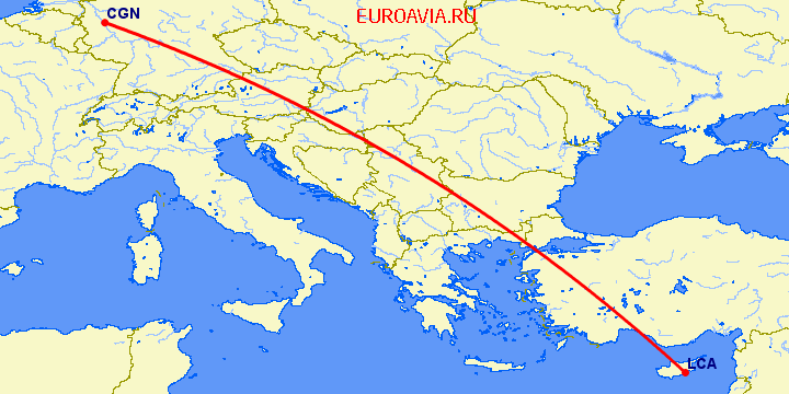 перелет Ларнака — Кельн на карте