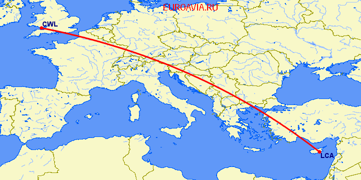 перелет Ларнака — Кардифф на карте