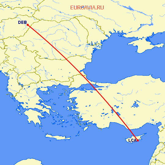 перелет Ларнака — Дебрецен на карте